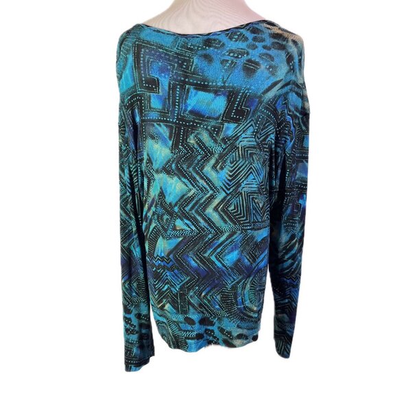 Chico's Travelers Size 3 (XL) Thin Slinky Knit Long Sleeve Top Abstract Teal - Picture 5 of 8